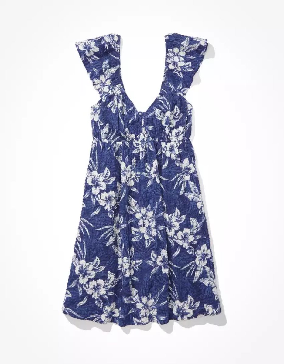 Mini Robe American Eagle AE Floral Flutter-Sleeve Bleu Marine Femme | IPJ-64207058